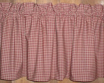 Berry Red Medium Check Homespun Valances Tiers Primitive Country Curtains Cabin 