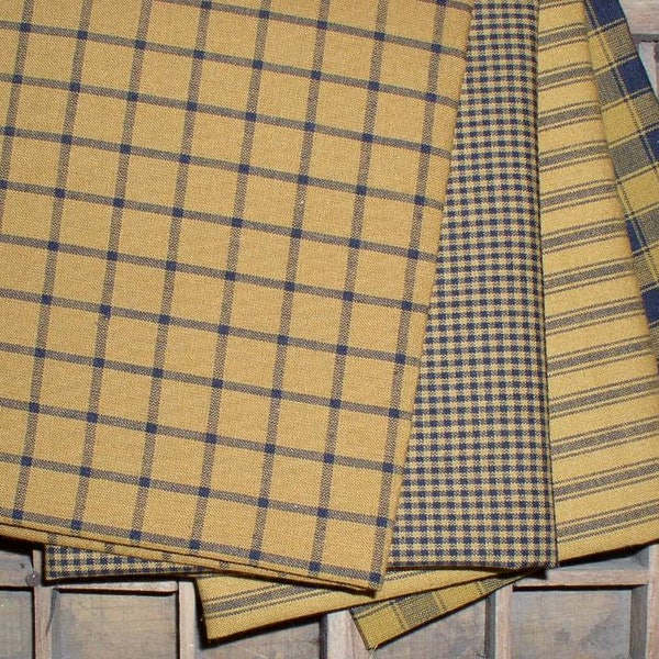 4 pc Mustard Yellow and Black Windowpane Ticking Mini Check and Checked Plaid Homespun Fat Quarter Bundle Quilting Sewing Rag Quilts Fabric