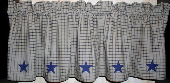 Navy Stars on Windowpane Homespun Valance Tiers and Runners Kitchen or Cabin Decor Primitive Country Curtains Barn Star Valances Curtains