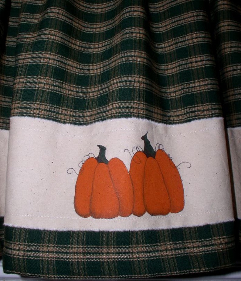 Hand Painted Primitive Pumpkin Homespun Valance Tiers Runner Fall Decor Thanksgiving Harvest Green Navy Black Cotton Homespun Fabric image 3