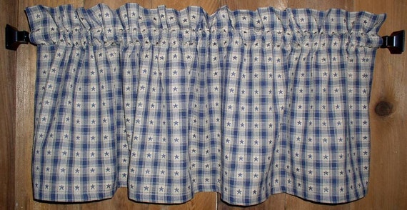 Navy Stars on Windowpane Homespun Valance Tiers and Runners Kitchen or Cabin Decor Primitive Country Curtains Barn Star Valances Curtains