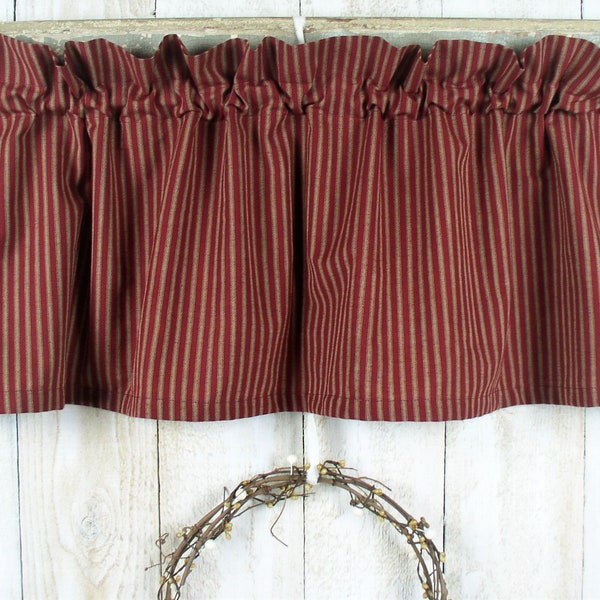 Ticking Valances and Curtains Country Red and Tan Homespun Americana Cabin USA Primitive Country Curtains Country Red Ticking Tiers Valances