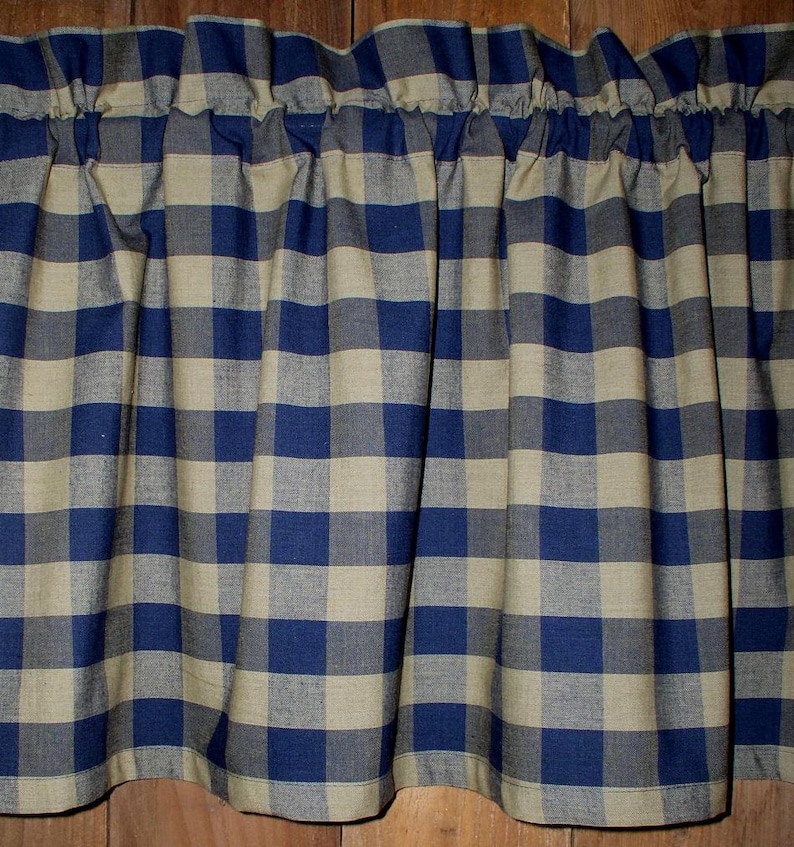 Navy Blue Buffalo Check Homespun Valances Tiers Runners Country Curtains Cabin Decor French Country Primitive Curtains FREE SHIP