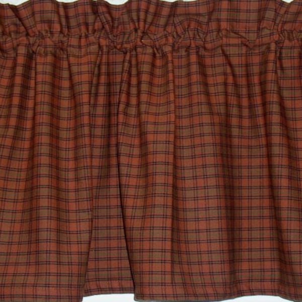 Burnt Orange Rusty Pumpkin Plaid Homespun Valances Tiers Runners Country Curtains Kitchen Home Cabin Valances SHIP in 3-5 days