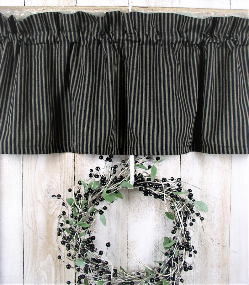 Black Ticking Valances and Curtains Black and Tan Homespun Farmhouse Curtains Cabin Primitive Country Curtains Black Ticking Farmhouse