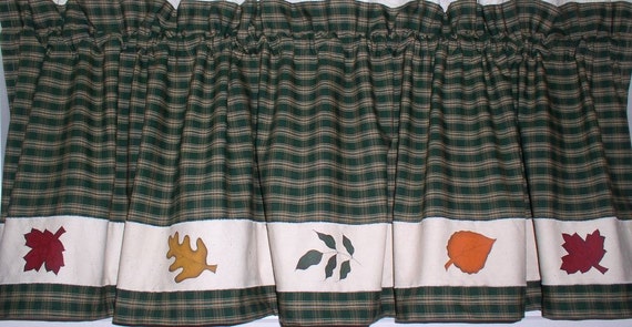 Fall Leaves Homespun Valance Green Plaid Autumn Kitchen Decor Etsy