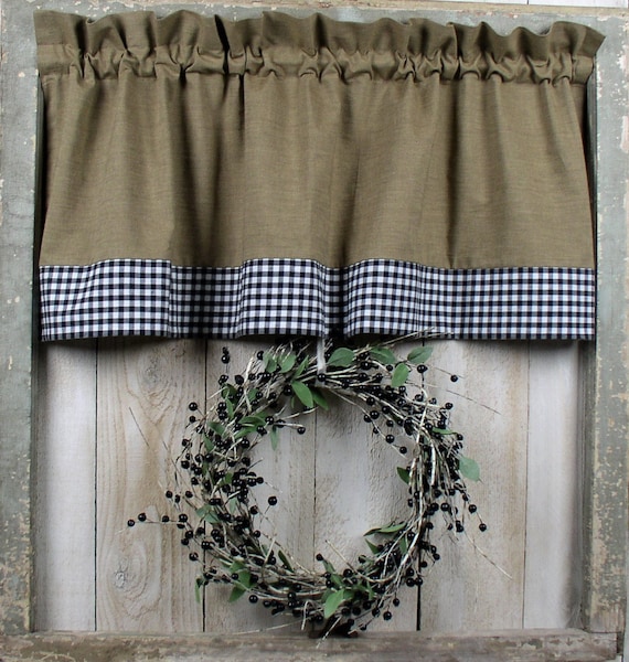 Black and White Check Border Dark Khaki Valances Homespun Valance Farmhouse  Curtains Primitive Black Check and Tan Valances Kitchen Decor 