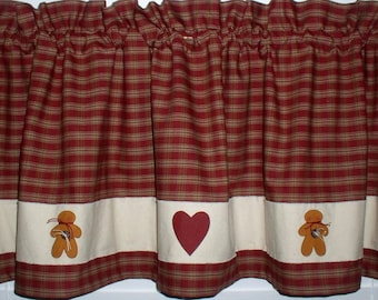 Hearts 'n Gingerbread Homespun Valance Tiers Runner Hand Painted Primitive Country Curtains Christmas Valentines Day Home Decor Cotton Goods