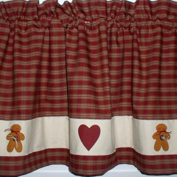 Hearts 'n Gingerbread Homespun Valance Tiers Runner Hand Painted Primitive Country Curtains Christmas Valentines Day Home Decor Cotton Goods