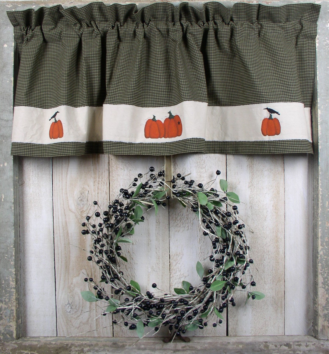 Pumpkins With Crows Black Mini Check Homespun Valances CLEARANCE