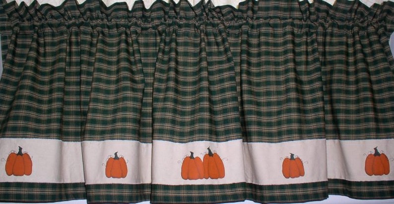 Hand Painted Primitive Pumpkin Homespun Valance Tiers Runner Fall Decor Thanksgiving Harvest Green Navy Black Cotton Homespun Fabric image 1