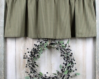 Green Khaki Ticking Homespun Valance Tiers Runners Farmhouse Curtains Country Kitchen Cabin Green Ticking Valances SHIPS in 3-5 days