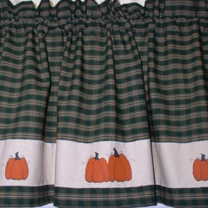 Hand Painted Primitive Pumpkin Homespun Valance Tiers Runner Fall Decor Thanksgiving Harvest Green Navy Black Cotton Homespun Fabric image 2