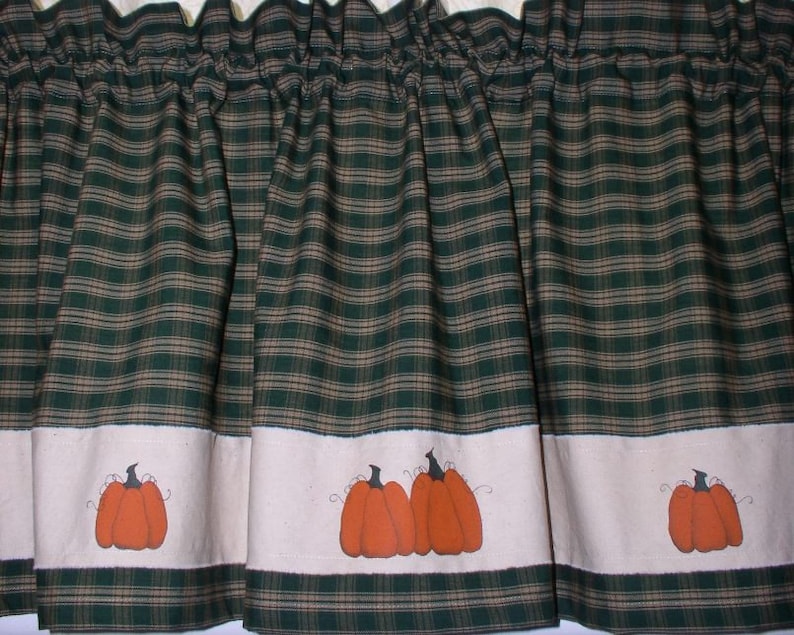 Hand Painted Primitive Pumpkin Homespun Valance Tiers Runner Fall Decor Thanksgiving Harvest Green Navy Black Cotton Homespun Fabric image 2