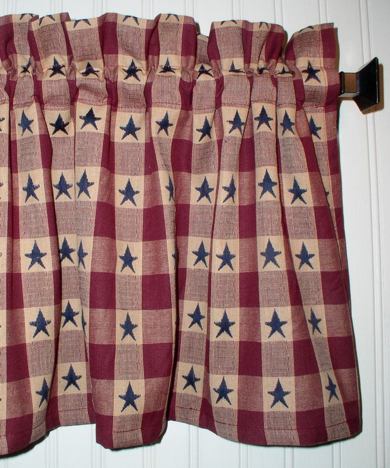 Americana Valance Navy Star Burgundy Plaid Homespun Valances Etsy