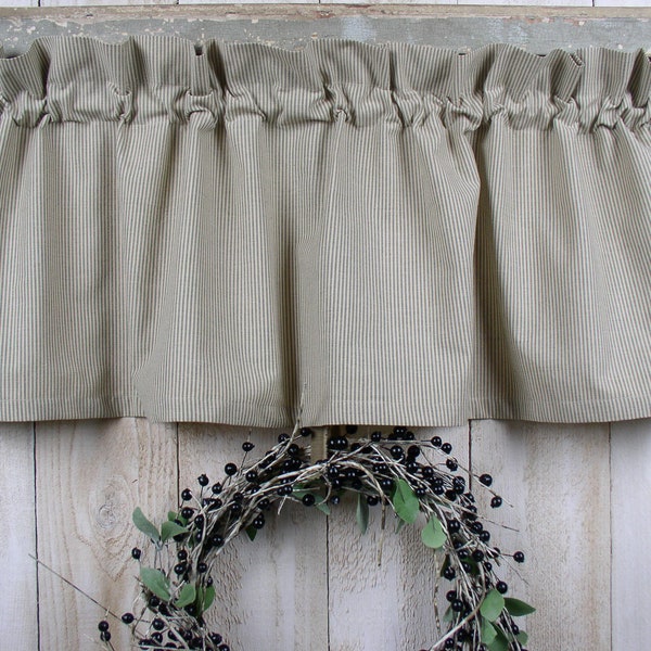 Spring Sage Green Mini Stripe Homespun Valances Tiers Runners Farmhouse Curtains Country Kitchen Cabin Valances SHIP in 3-5 days