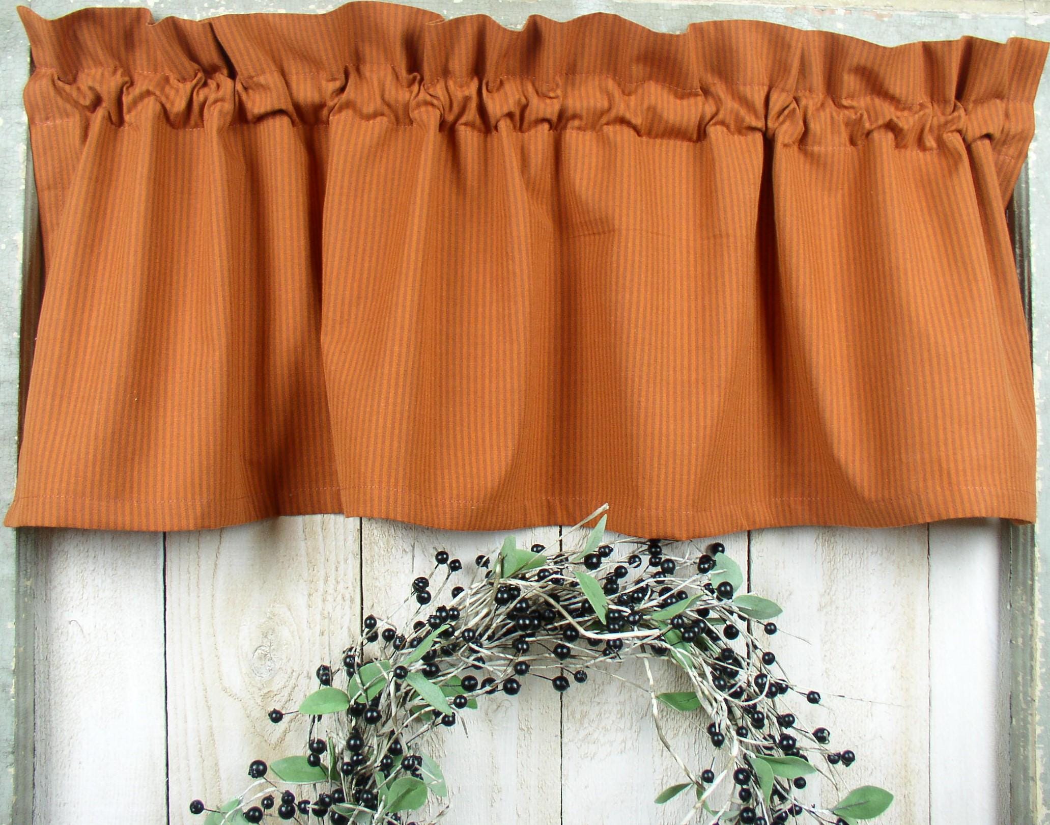 Orange  and Rust Stripes Homespun Valances Farmhouse Curtains Country Kitchen Cabin Fall Medium Orange Valances SHIPS IN 3-5 DAYS