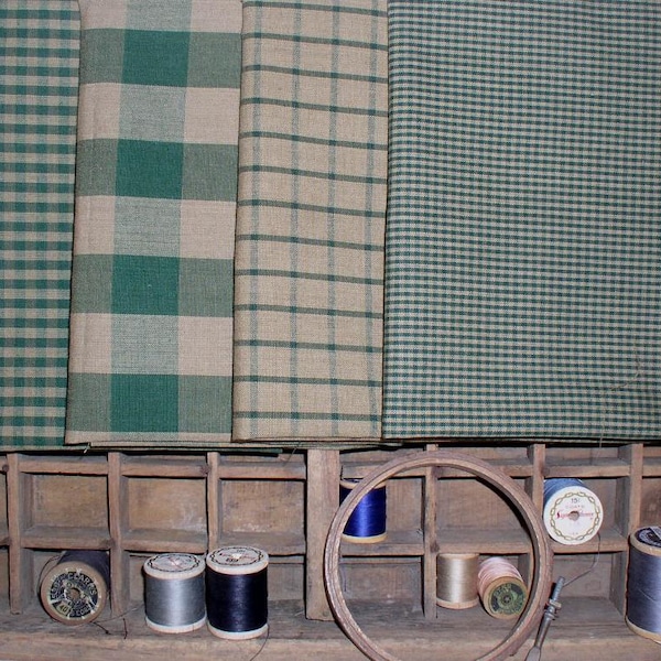 4 pc Green Gingham Checks and Windowpane Homespun Fat Quarter Bundle Quilting Sewing Crafting Rag Quilts Dunroven House H404 H490 H40 H43