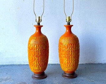 Pair of Mid Century Modern Orange and yellow dripped Glazed Ceramic Lamps