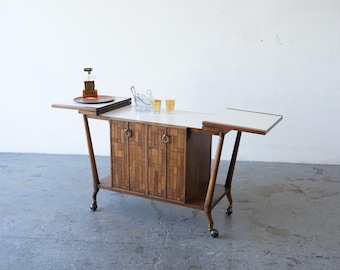 Bert England Brutalist  Forward Trend Drop-Leaf Bar Cart / Serving Cabinet