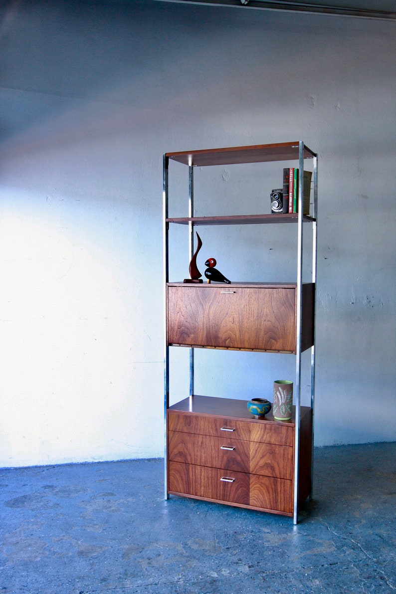 Mid-Century Modern Founders Chrome & Walnut Etagere Bar Wall Unit Shelving image 3