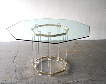 Charles Hollis Jones Post Modern Brass Lucite Octagonal Dining Table
