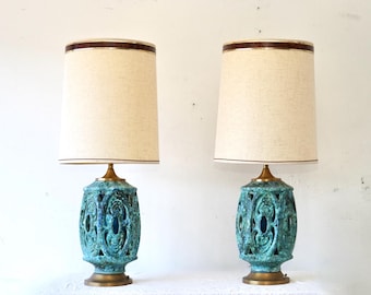 Pair of Sculptural brutalist- Tiki- Mid-Century  Drip Glaze Lamps- Honi Chilo Style