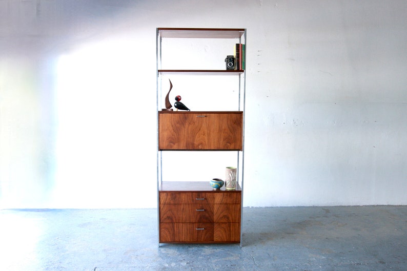 Mid-Century Modern Founders Chrome & Walnut Etagere Bar Wall Unit Shelving image 1