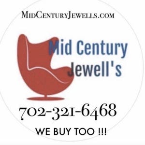 May include: A white circle with a red egg chair and the text "Mid Century Jewell's" in blue. The text "702-321-6468" and "WE BUY TOO!!!" are also in blue.