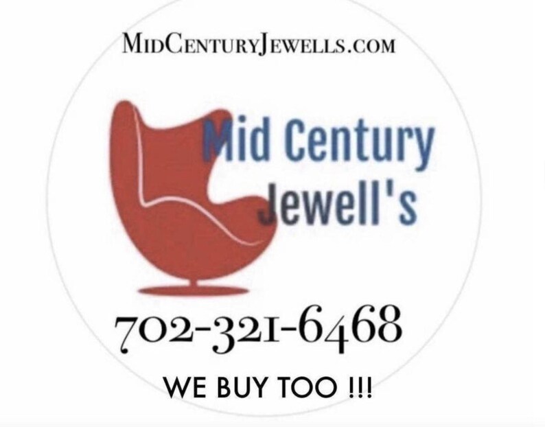 May include: A white circle with a red egg chair and the text "Mid Century Jewell's" in blue. The text "702-321-6468" and "WE BUY TOO!!!" are also in blue.