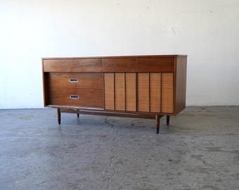 Mid-Century Modern Hooker Walnut & Cane Lowboy Dresser Credenza  64”
