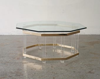 1970s 1980s Lucite Coffee Table with Gold Accent attributed to Charles Hollis Jones