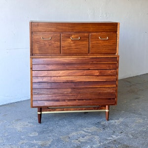 Merton Gershun Mid Century Modern American of Martinsville Dainia Walnut Highboy Dresser