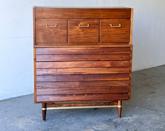 Merton Gershun Mid Century Modern American of Martinsville Dainia Walnut Highboy Dresser