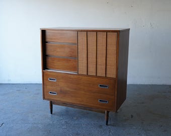 Danish Mid-Century Modern Hooker Furniture Highboy Dresser walnut Cane