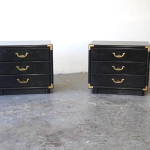 Black lacquered  mid-century modern Hollywood Regency Campaign  nightstands
