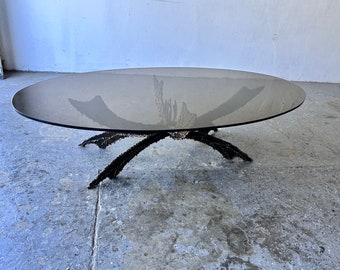 Smoked Glass Black & Bronze 1970's Brutalist Sculpture Torch Cut  Coffee Table Attributed to Daniel Gluck