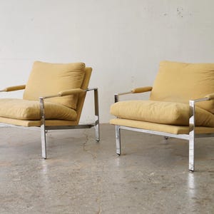 Pair of Milo Baughman For Thayer Coggin  Chrome Flat Bar Lounge Chairs post modern - mid century