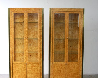 Mid Century Modern Pair of Burl Wood & Brass Vitrine cabinets By Tomlinson