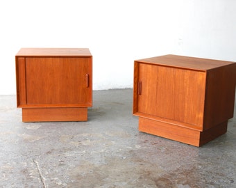 Danish Mid Century Modern Teak Tambour Door End Table Nightstands by Falster