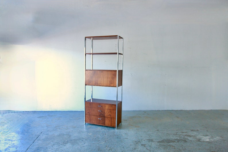 Mid-Century Modern Founders Chrome & Walnut Etagere Bar Wall Unit Shelving image 2