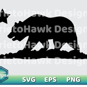 May include: Black silhouette of a bear standing on a mountain range with a five-pointed star above it. The image is a graphic design for a California-themed product.