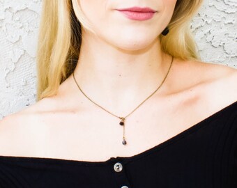 Zierliche Lariat Halskette, Zarte Y Halskette, 14k Gold Lariat für Frauen, Minimalist Halskette für Layering, Schwarze Turmalin Zierliche Halskette