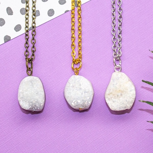 White Druzy Necklace Gold, Raw Crystal Necklace for Women, Druze Necklace, Geode Necklace, Natural Tiny Crystals Necklace, Long Necklace image 1