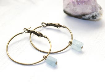 Raw Crystal Hoop Earrings, Aquamarine Hoops, Aquamarine Earrings, March Birthday Gift, Raw Aquamarine Earrings, Aquamarine Jewelry