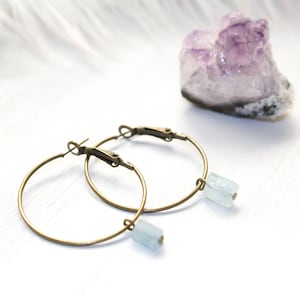 Raw Crystal Hoop Earrings, Aquamarine Hoops, Aquamarine Earrings, March Birthday Gift, Raw Aquamarine Earrings, Aquamarine Jewelry