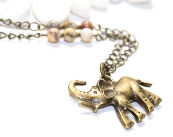 Long Elephant Necklace with Beaded Chain, Elephant Pendant Necklace, Lucky Elephant Necklace for Women, Boho Elephant Jewelry Women