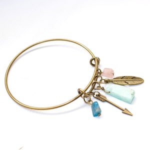 Bangle Bracelet with Natural Gemstones and Boho Charms, Gemstone Bangle, Boho Bangle, Gemstone Bracelet, Wanderlust Jewelry, Stacking Bangle