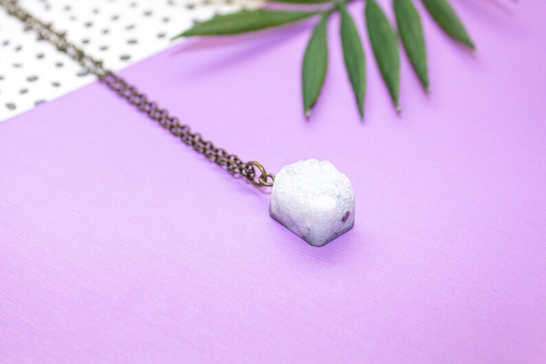 White Druzy Necklace Gold, Raw Crystal Necklace for Women, Druze Necklace, Geode Necklace, Natural Tiny Crystals Necklace, Long Necklace image 3