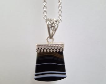 Black Agate  Pendant. Sterling Silver setting and bail. One of a kind.  Elegant.